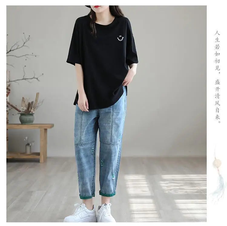 Nine Point ripped Jeans For women Summer 2025 new Loose Thin Elastic waist Casual Harem pants Female denim Ankle Length pants