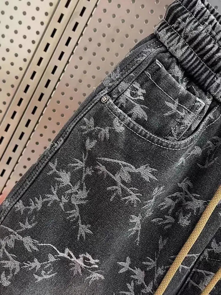 Men's Jeans Loose Jacquard Casual American Waist Drawstring Ties Versatile Trendy Spring and Autumn Harem Pants