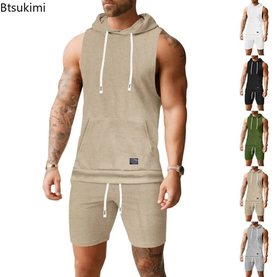 2026 Men's Casual 2 Piece Set Fashion Jacquard Knitted T-shirt Hooded Sleeveless Vest Elastic Waist Shorts Jogging Fitness Suit