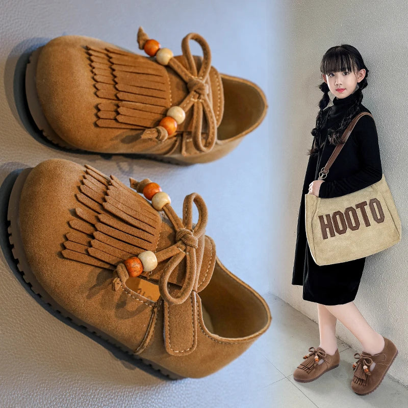 Girls' All-inclusive fringed Boken shoes 2025 Autumn Edition Soft-soled little girl princess Shoes Children's Bean single shoes