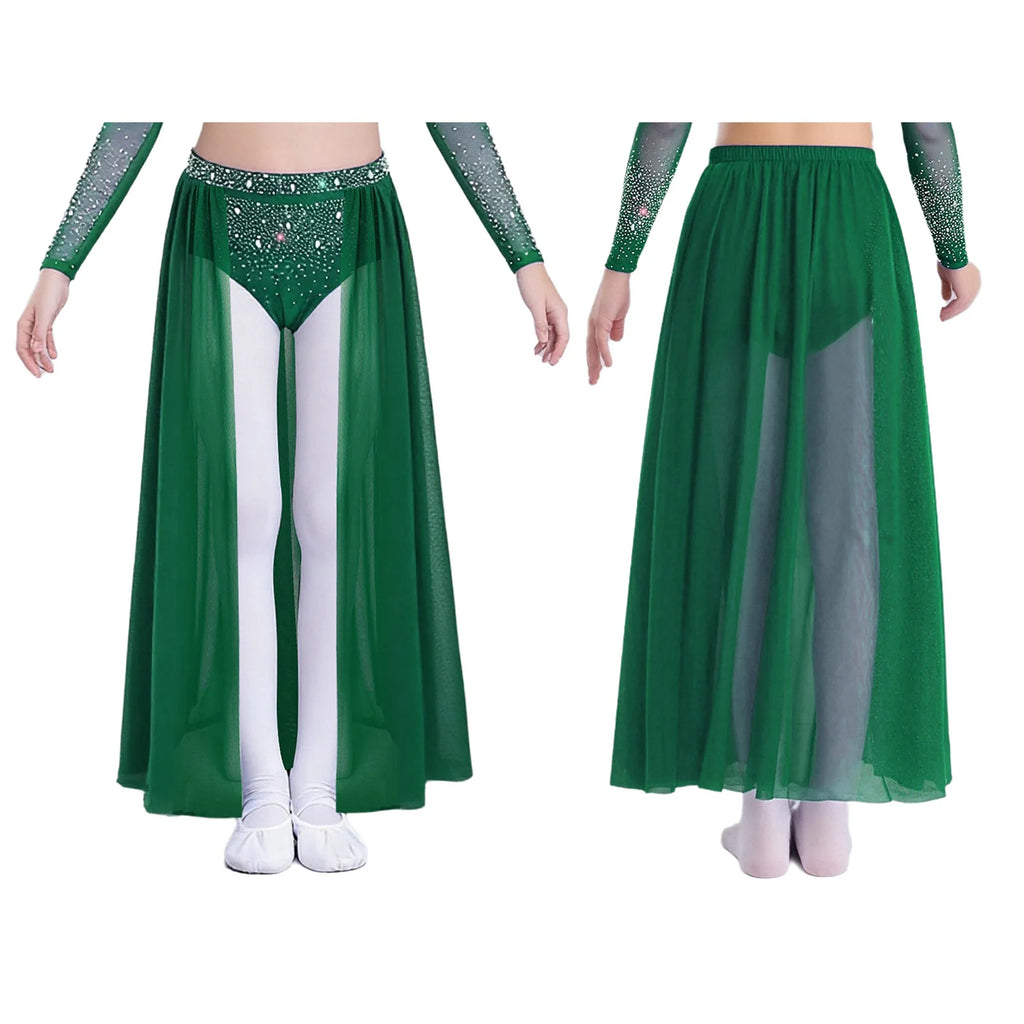 Kids Girls Lyrical Modern Dance Skirt Shiny Rhinestones Open Front Flowy Sheer Mesh Skirt with Built-in Briefs Ballet Dresses