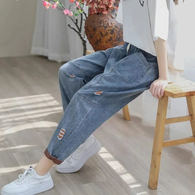 Nine Point ripped Jeans For women Summer 2025 new Loose Thin Elastic waist Casual Harem pants Female denim Ankle Length pants