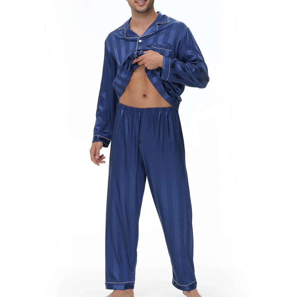 Men Pajamas Sleepwear 2PCS Set Navy Blue Stripes Long Sleeve Trouser Suits Home Clothes Male Loose Silk Satin Pijamas Loungewear