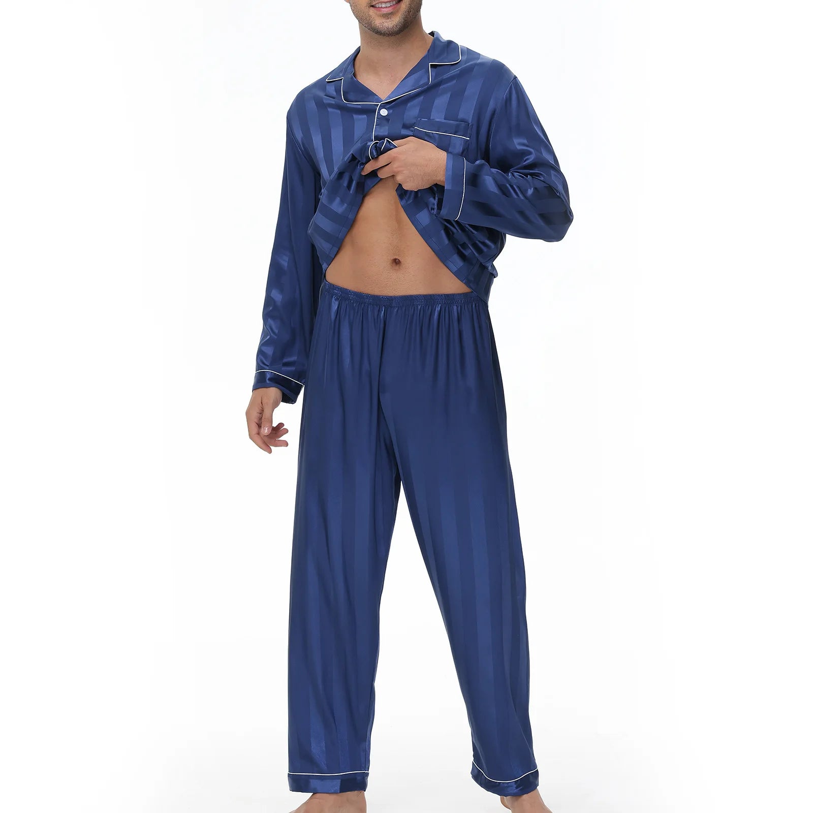 Men Pajamas Sleepwear 2PCS Set Navy Blue Stripes Long Sleeve Trouser Suits Home Clothes Male Loose Silk Satin Pijamas Loungewear