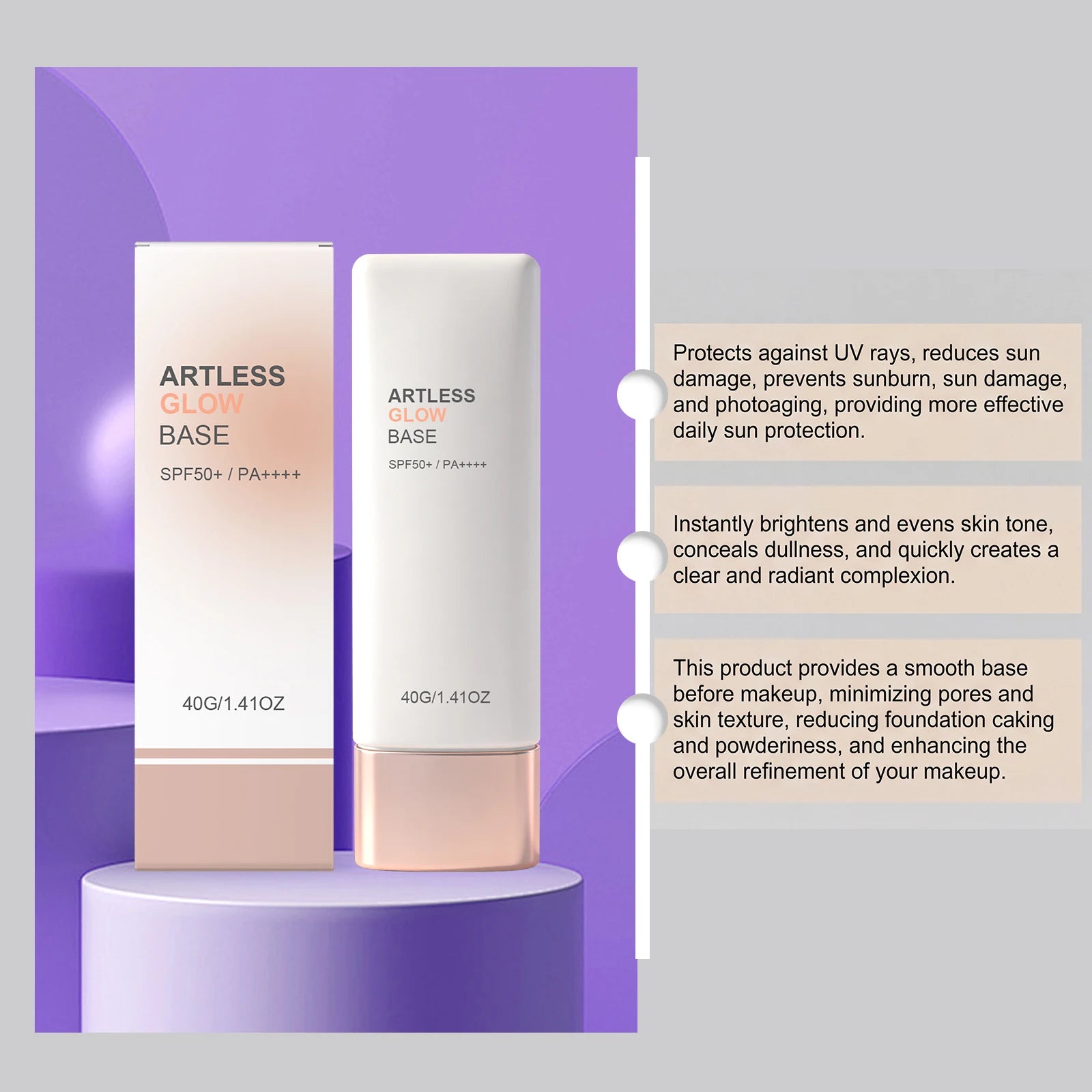 SPF50+ Sunscreen Primer Makeup Base with Niacinamide Panthenol Invisible Face Sun Protection Cream Broad Spectrum Moisturizer