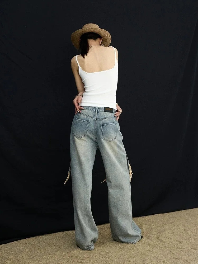 2026 New Women's Jeans Trendy Brand High Street Splicing Distressed Loose Casual Wide Legs Straight Long
