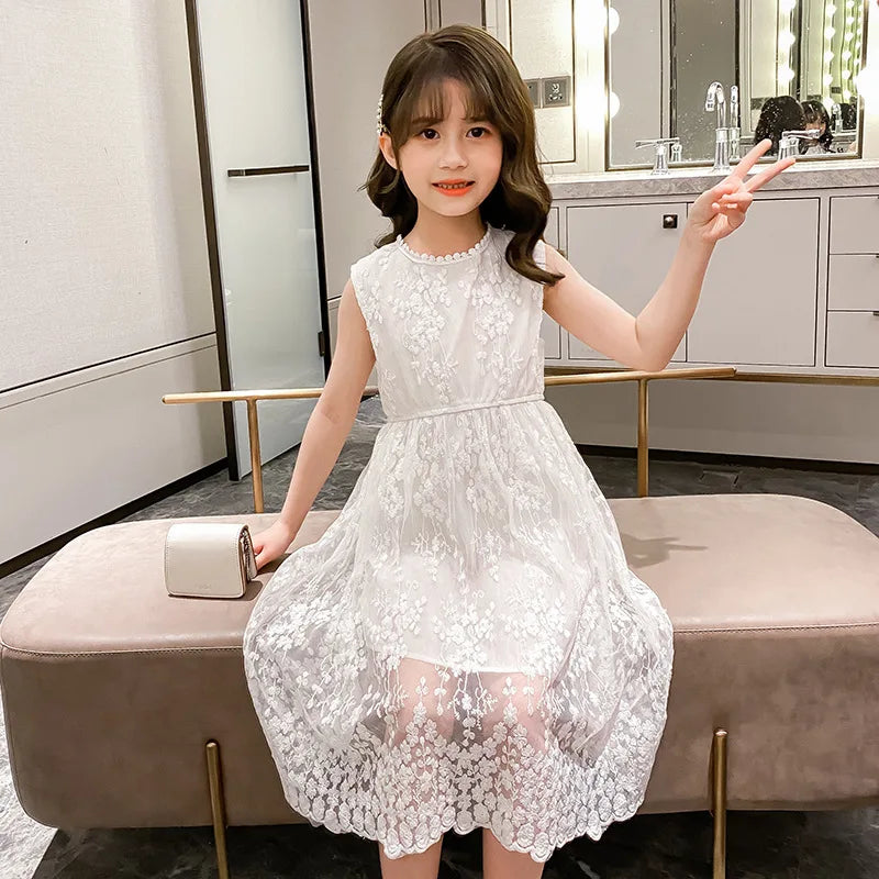 2026 summer Teenager kids Girls clothes floral mesh Princess white Dress lace off shoulder sleeveless 5 6 7 8 9 10 11 12 Years