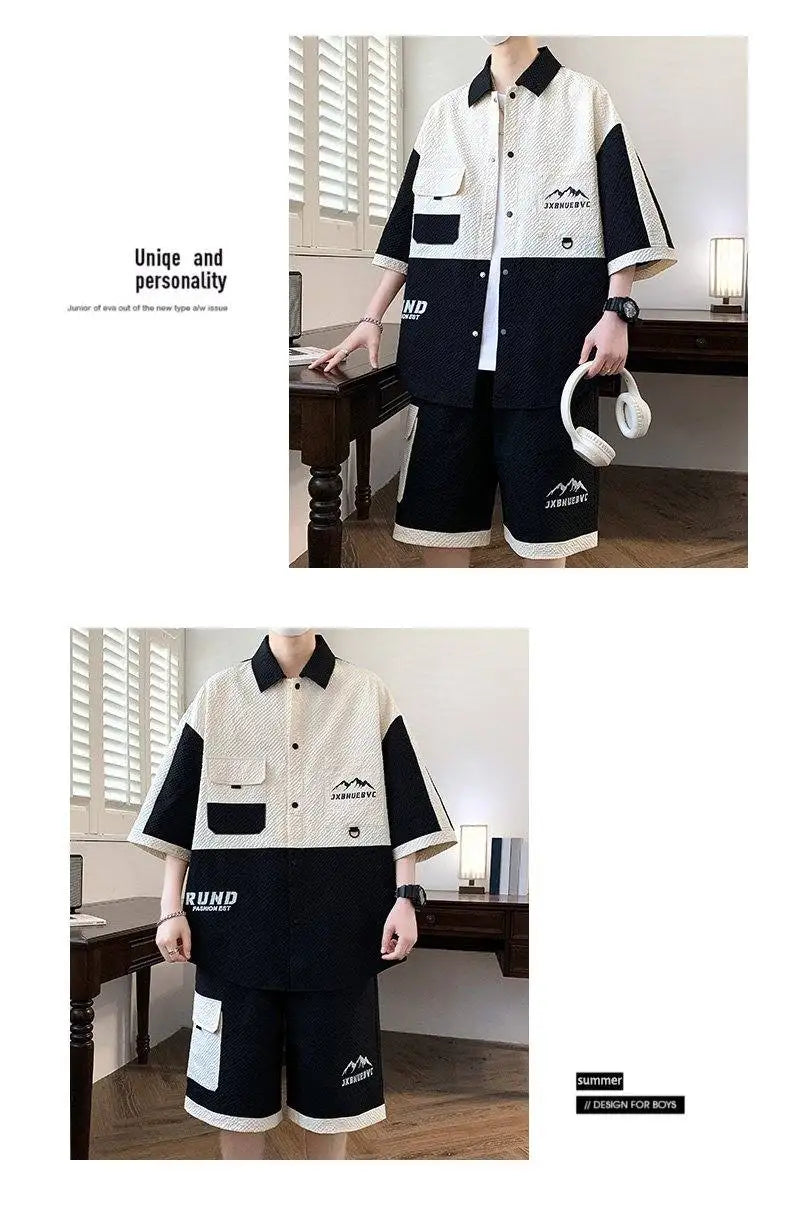 Men's 2 Piece Matching Set Short Sleeve Button Down Shirt + Cargo Shorts Textured Color Block Outfit Loose Fit Summer Lounge Set