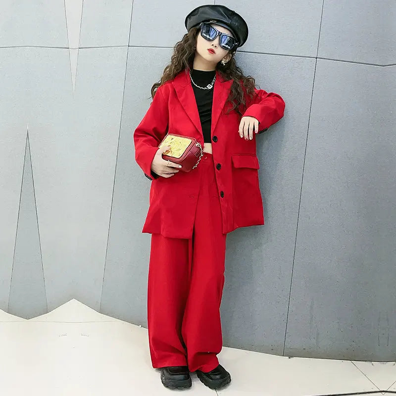 Girls Red Blazer Suits Clothing Sets Spring Autumn Kids Jackets+Pants Fashion Loose Formal Teenager Casual Outfits 5-14Years Old