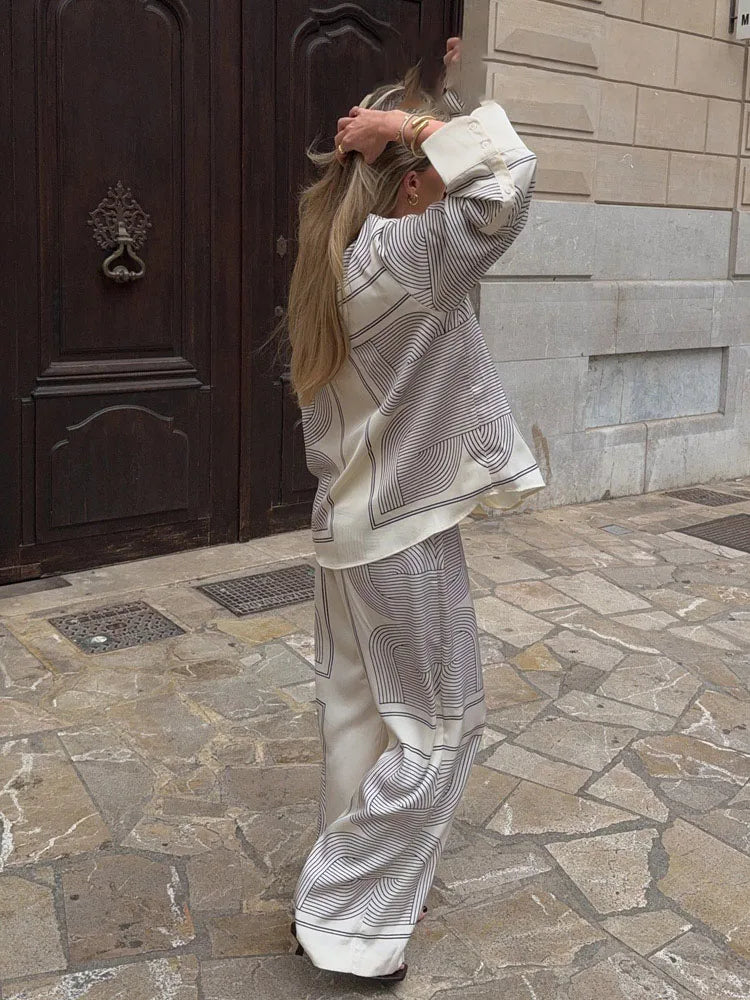 HH 2025 Women Trouser Suit Turn-down Collar Long Sleeve Single-breasted Slim Print Shirt+High Waist Zipper Loose Long Pants