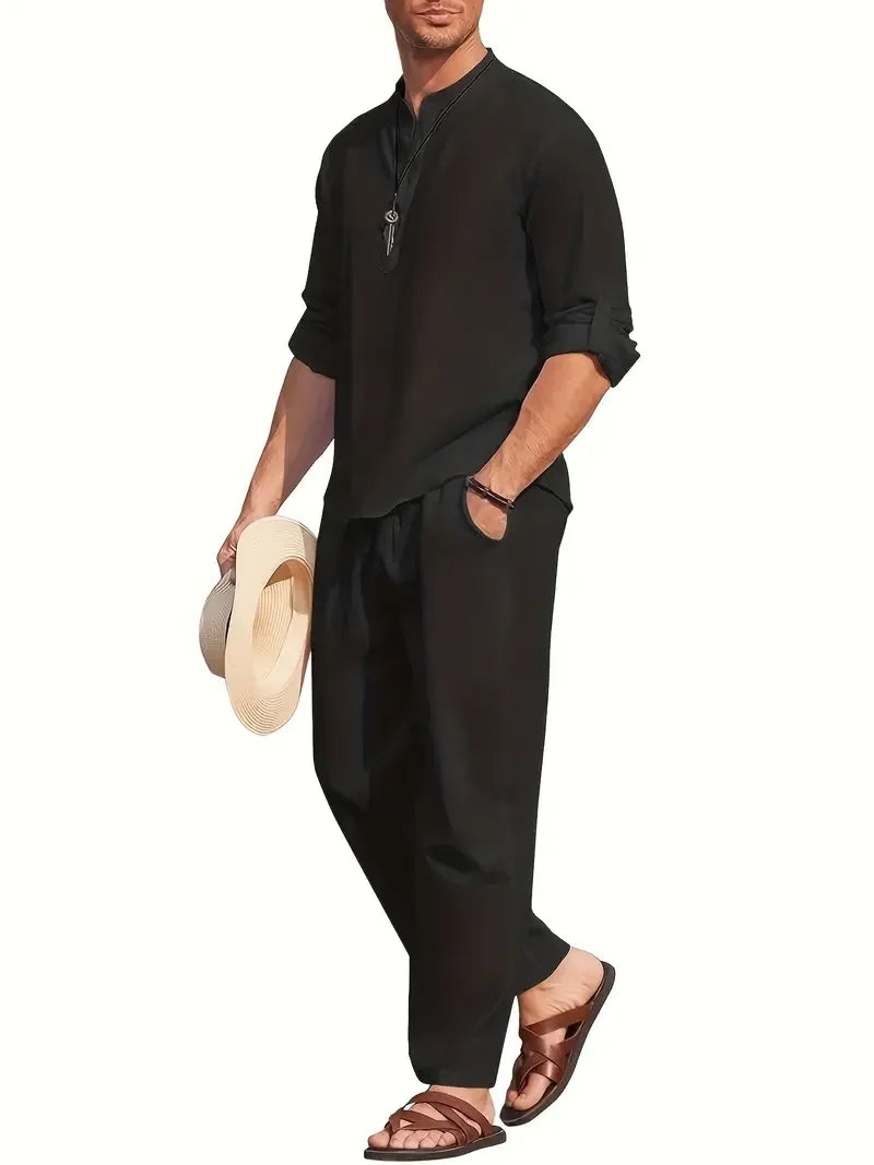 Men's White Linen Suit Set Long Sleeve Henley Shirt and Elastic Waist Pants Two Piece Outfit Summer Casual Comfortable