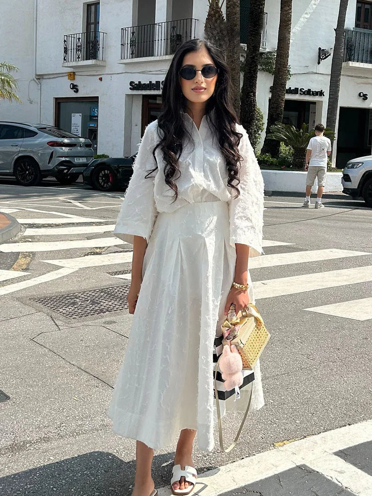 HH Women Shirt Skirt Suit Lapel Single-Breasted Tassel Decoration Casual Shirt Top+Fashion High Waist Zipper Pleated Skirt
