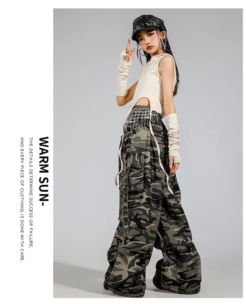 Kid Modern Dance Clothes Girl Jazz Dance Lace up Crop Hoodie Camouflage Pants Navel Performance Suit Kpop Group Stage Costume