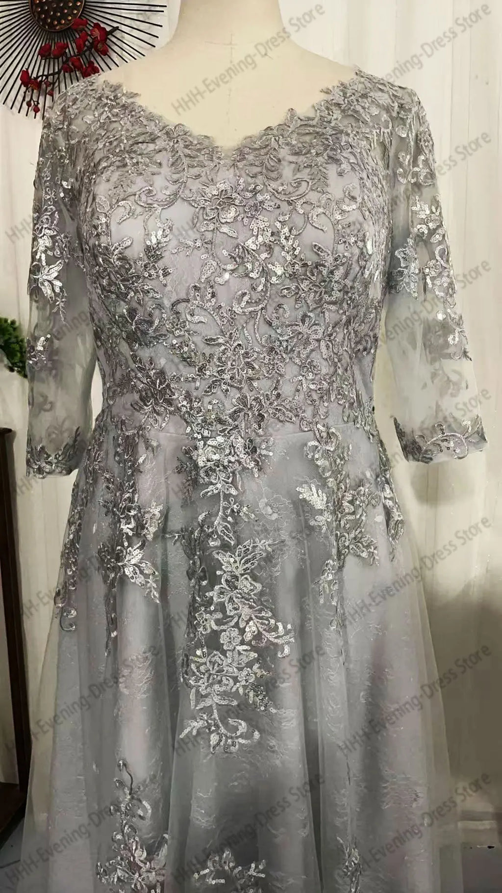 Women's Elegant Evening Dress Prom Dress Formal Gown Boat Neck 3/4 Sleeves Lace Applique Draped A-line Cocktail Dress Customized