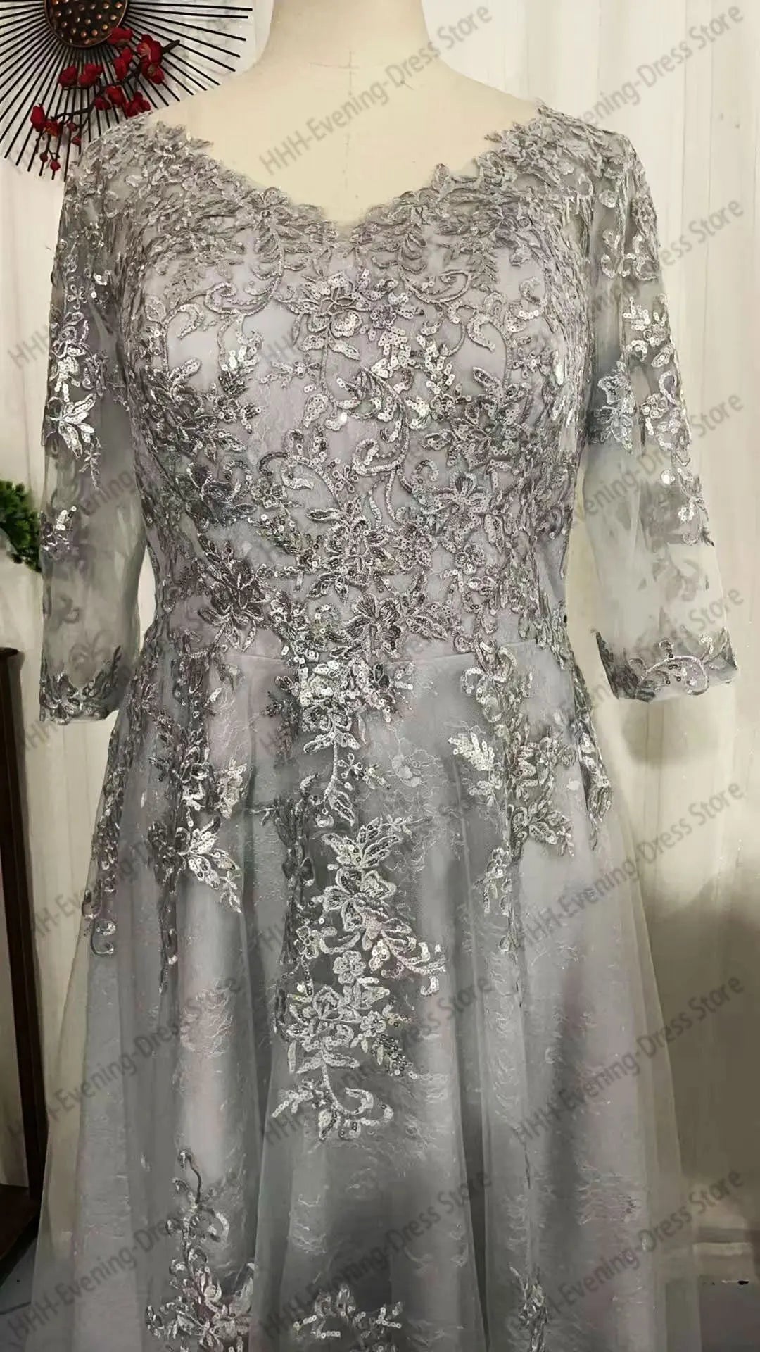 Women's Elegant Evening Dress Prom Dress Formal Gown Boat Neck 3/4 Sleeves Lace Applique Draped A-line Cocktail Dress Customized
