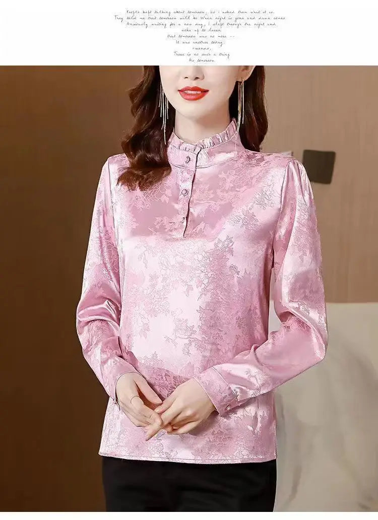 Premium Satin Blouse Women Spring Age-Reducing Print Loose Long Sleeve Top Fashion Elegant Collar Shirt