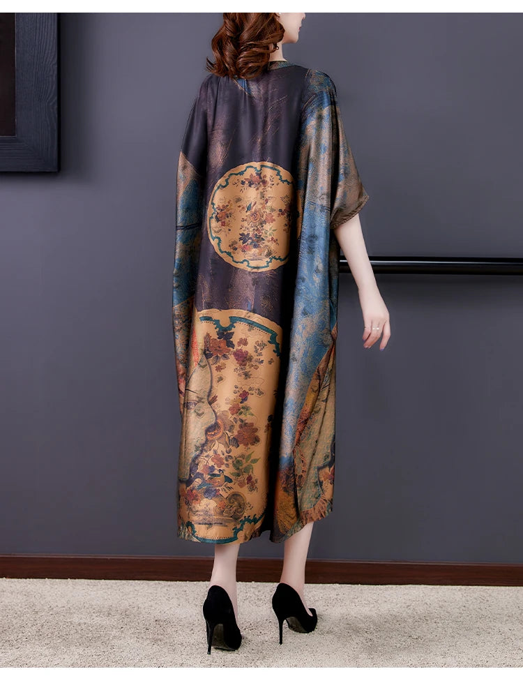 Mulberry Silk Dresses Women's New Summer Long Dress Female Fashion Loose V- Neck High-End Print Pullover Dresses