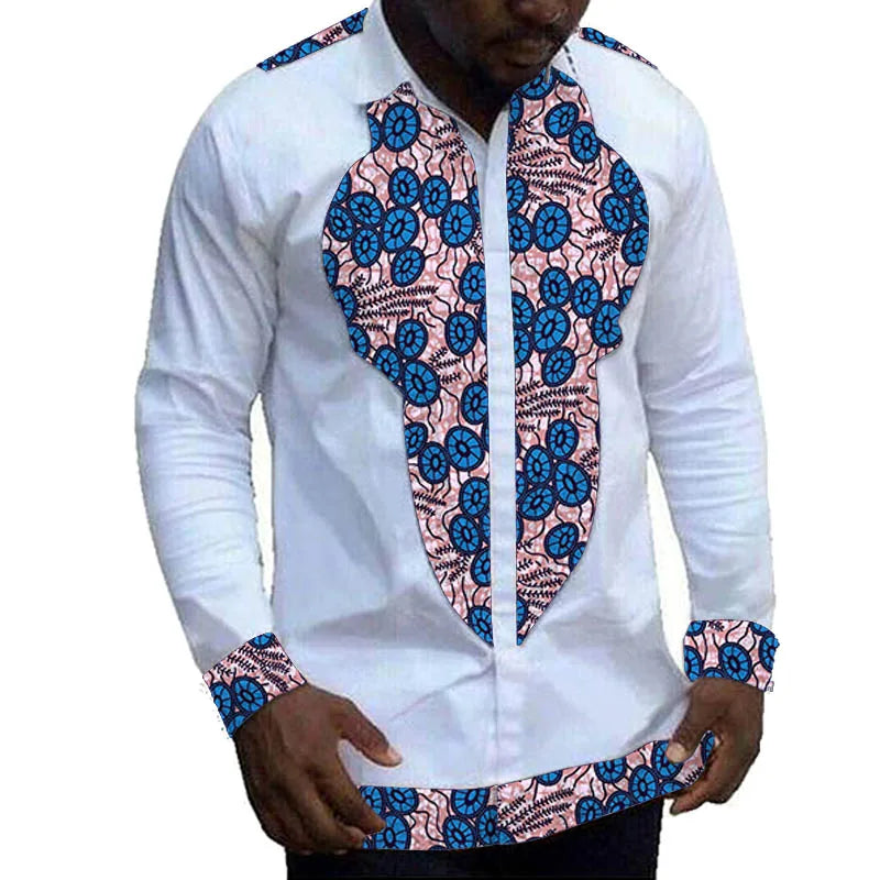Nigerian Fashion White Men's Shirts Modern Design Casual Shirt Patchwork Long Sleeved Lapel Top African Couture Party Wear