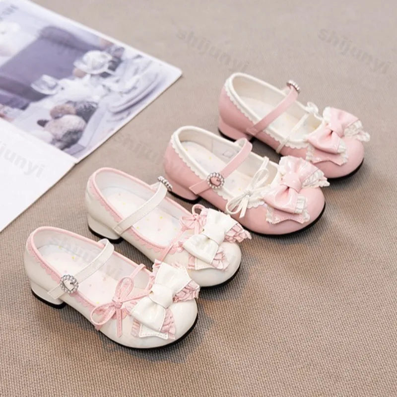 Girl Princess Shoes Spring 2026 New Bow French Heels Leather Shoe Sweet Lolita Party Dress Shoes Children's Mary Jane Size 26-36