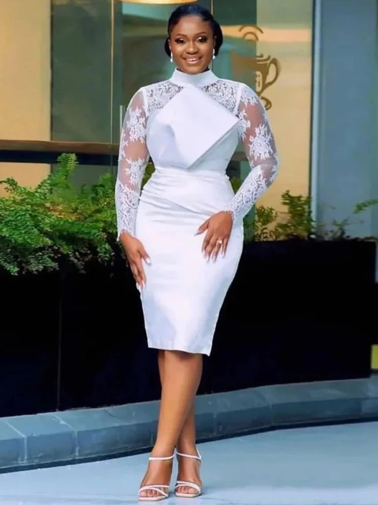 Customized Aso Ebi Short Cocktail Dresses Merimaid High Neck Lace White Wedding Guest Dress Long Sleeves Robe
