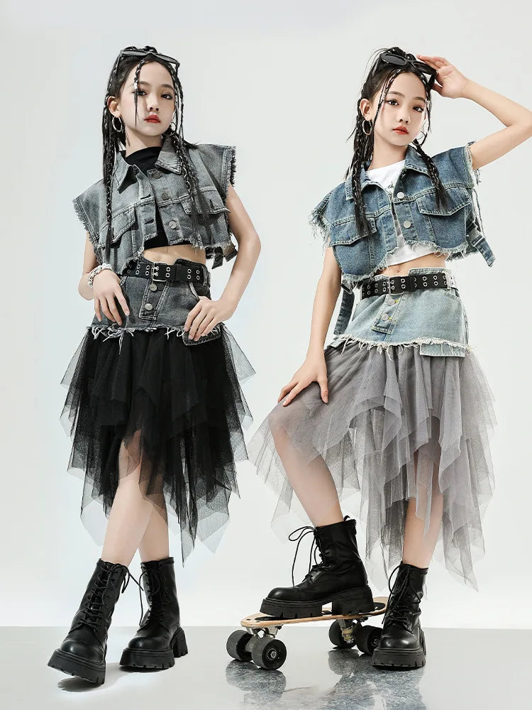 Girls Hip Hop Clothing Denim Sleeveless Jacket Vest Top Street Patchwork Mesh Skirt for Kids Jazz Dance Costume Clothes