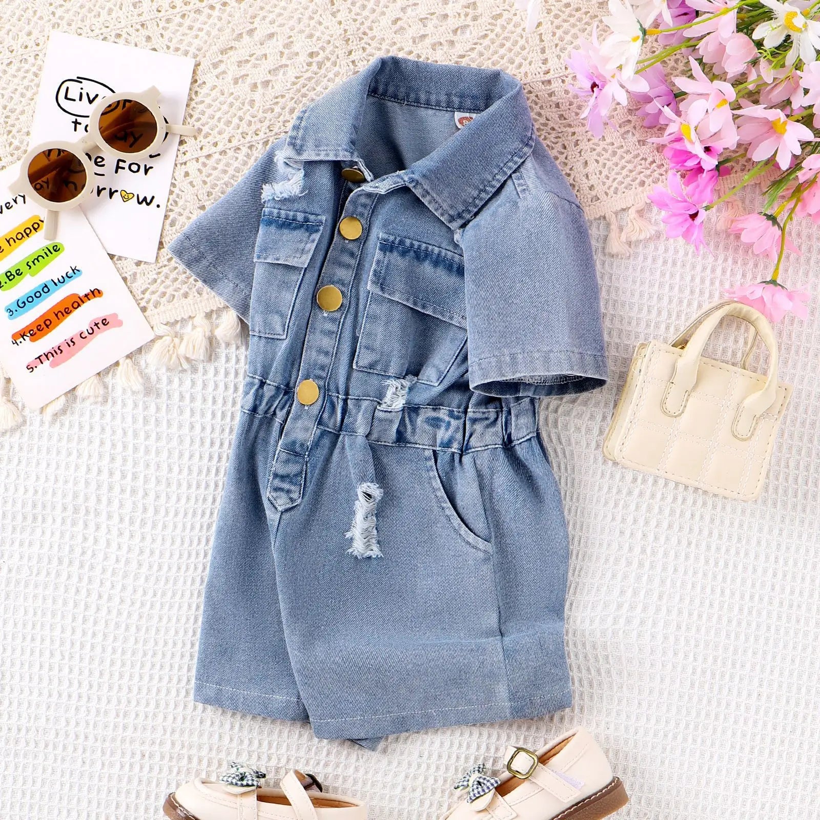 New Children Denim Jumpsuits Dresses Girls Medium and Large Kids Waist-cinching Denim Jumpsuit with Lapels and Ripped Waists