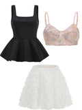Women Floral Skirt Three Piece Sets Sexy Black Straps Top + Embroidered Sequins Bra + A-line Mini Skirts Suits Evening Cocktail