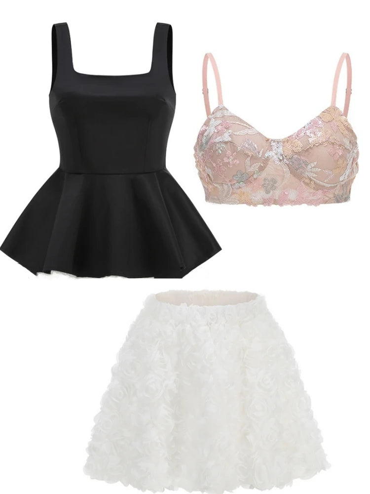 Women Floral Skirt Three Piece Sets Sexy Black Straps Top + Embroidered Sequins Bra + A-line Mini Skirts Suits Evening Cocktail
