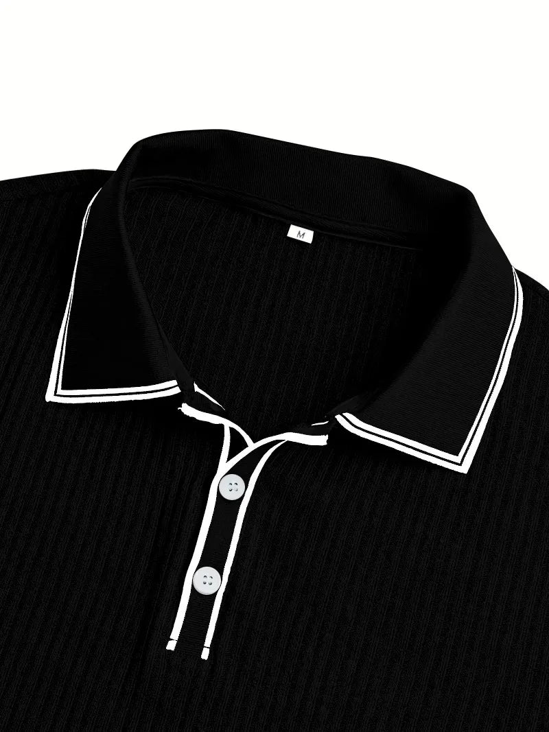 Men Ribbed Knit Polo Shirt Short Sleeve Turn Down Collar Contrast Trim Button Placket Slim Fit Casual Top
