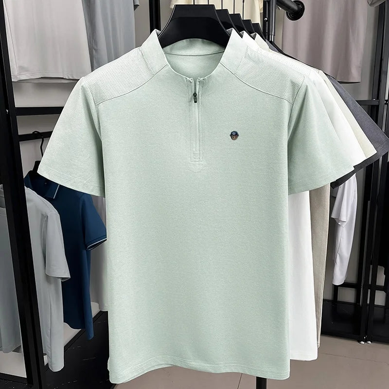 Men's Summer New Bear Embroidered T-Shirt Beach Casual Mesh Half Zipper Short Sleeve Soft Comfortable Splicing Men's Clothing