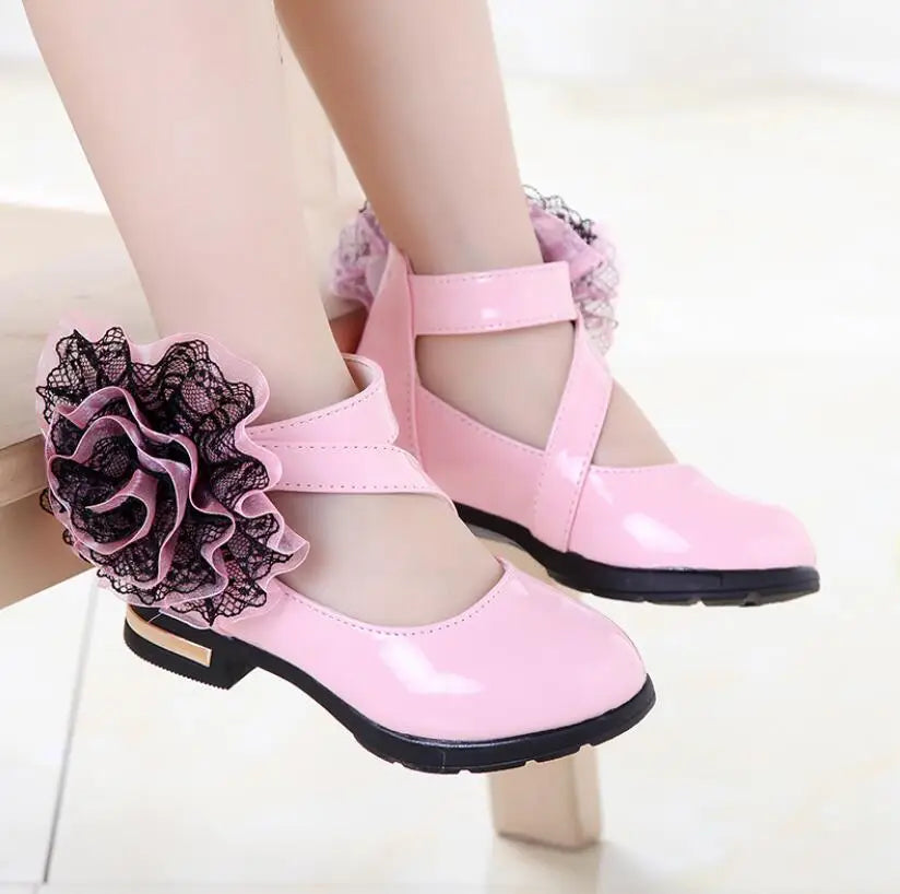 Girls Leather Shoes for Party Wedding Kids Performance Shoes with Butterfly-knot Fashion Children High Heels Rhinestone Shoes