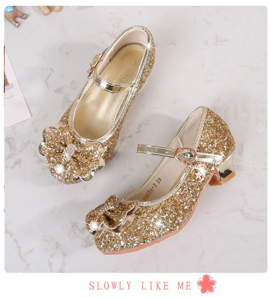 Classic Bow Girl Pu Leather Shoes For Girls Party Dance Children Shoes 3-14 Years Princess High Heels Child Wedding Shoes HSD09
