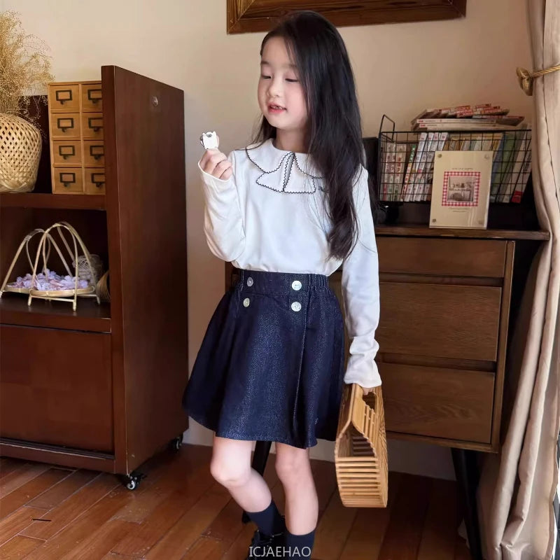 Teen Girl Clothes Waist Shell Button Denim Skirt and Top Kids Versatile Casual Outfits Children Costumes Vintage Girls Elastic