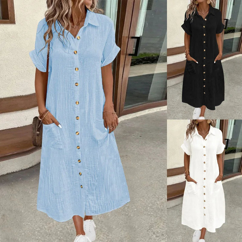 New European and American solid color shirt skirt spring and summer fashionable and comfortable women's short-sleeved long shirt