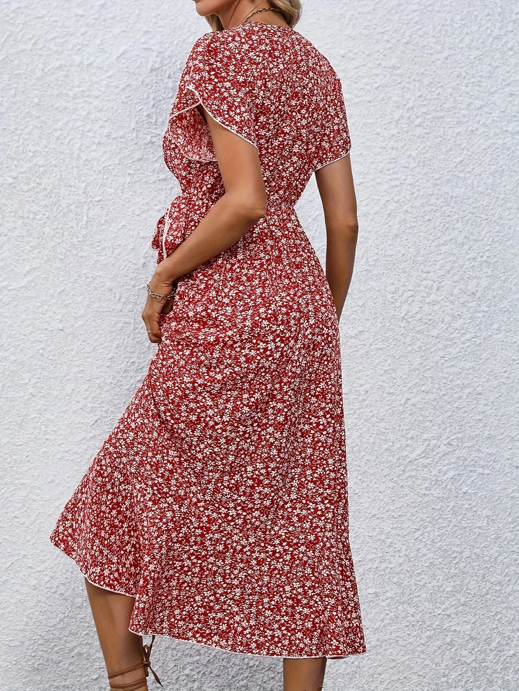 Summer Dresses for Women Sexy V Neck Short Sleeve Irregular High Waist Lace-up Flower Print Dress Casual Beach Dresses