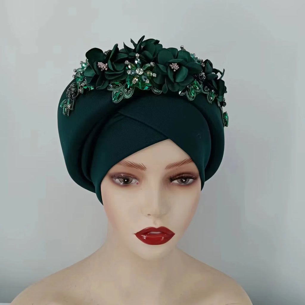 Beaded Nigeria Gele Ready African Headtie Female Head Wraps Party Headpiece Muslim Headscarf Hat Women's Turban Cap with Stones