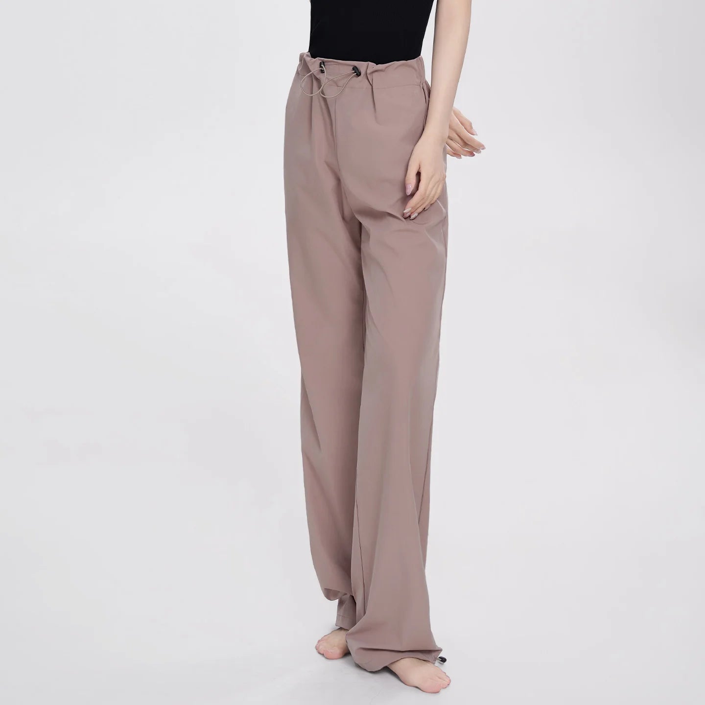 Women Adjustable High Waist Nylon Perspiration Casual Trousers with Pockets Female Athletic Dance Straight-leg Tracksuit Pants