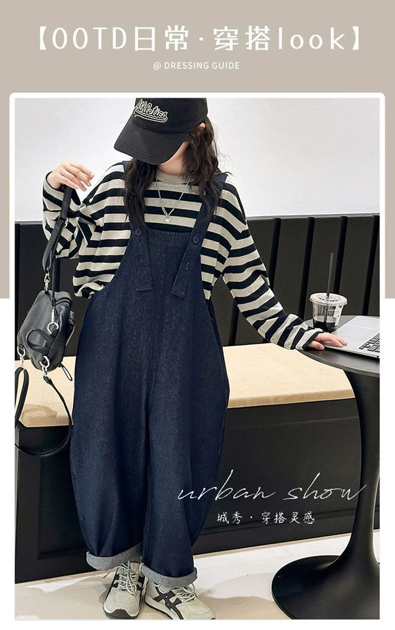 Girls 2 Piece Outfit Korean Style Kids Striped Long Sleeve T-shirt + Loose Denim Overalls Set Spring Autumn Children's Clothing
