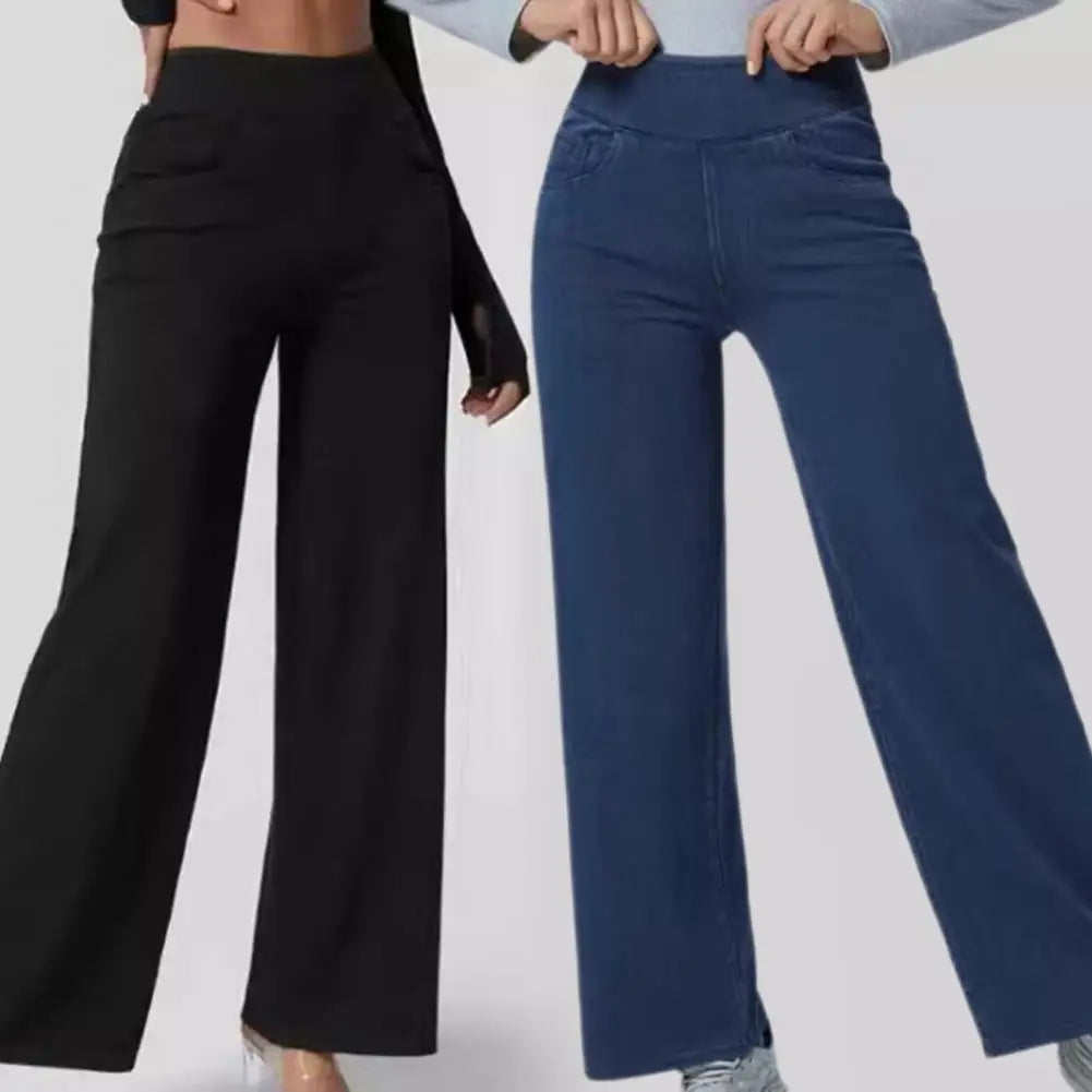 Women Jeans Elastic High Waist Slim Fit Slightly Flared Pull-On Wide Leg Long Denim Pants With Pockets Solid Color Female Jeans