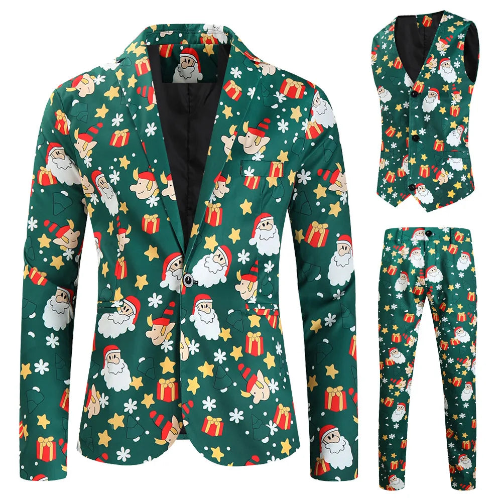 New Men's 3 Piece Christmas Sets Blazers+Vest+Pants 2026 Xmas Printed Men Suit Set Party Stage Dress Up Style Costume Streetwear