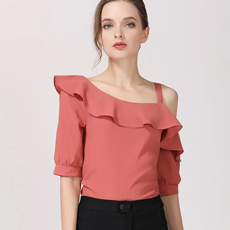 Fashion Women Blouses Sexy Slash Neck Chiffon Women Blouse Shirt Short Sleeve Summer Ladies Tops