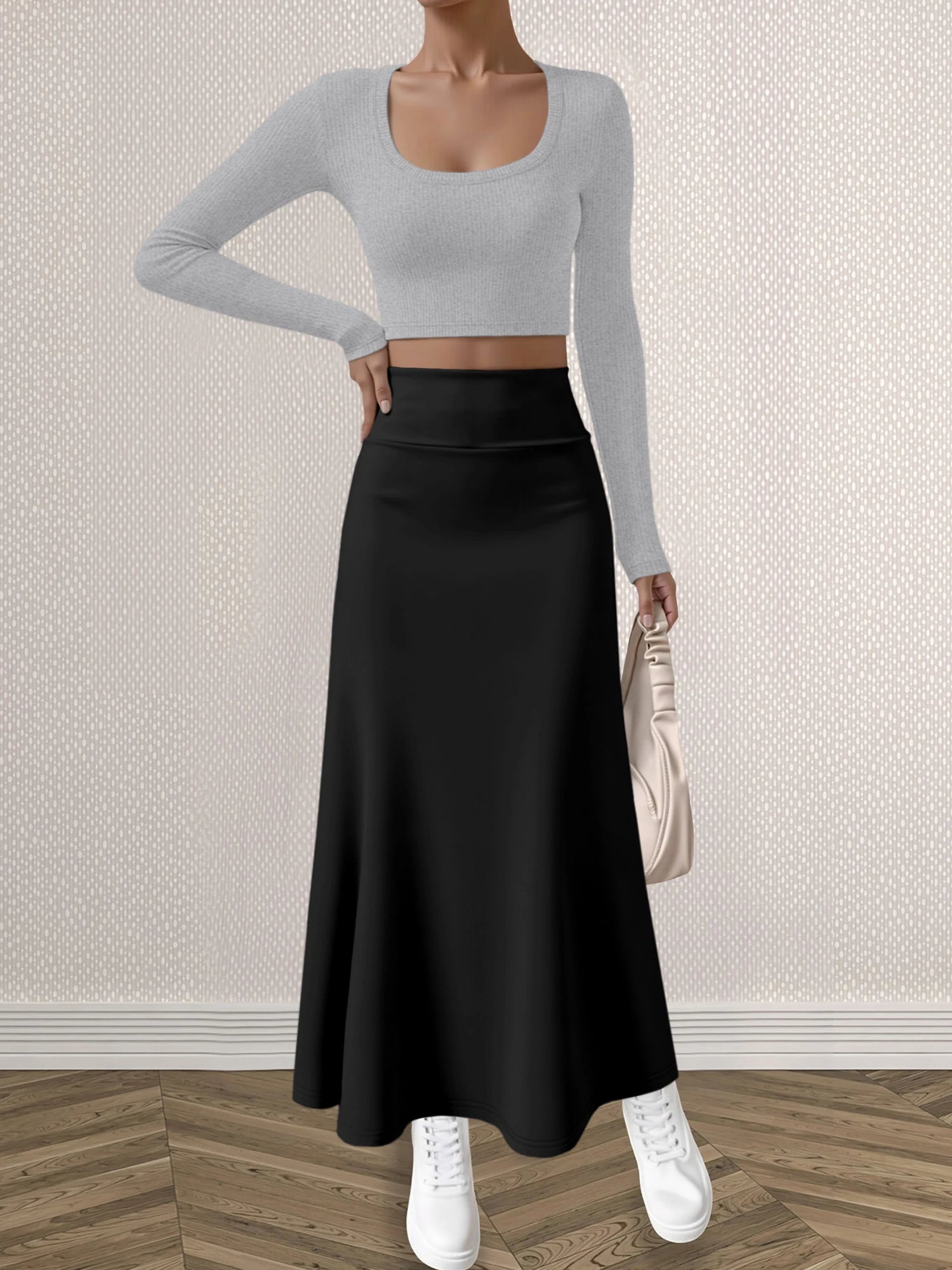 Mature Style Women 2Pcs Outfit, Ribbed Square Neck Crop Top + High Waist Draped A-Line Maxi Skirt