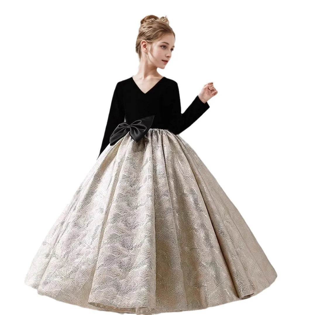 Girls Long Sleeve Black Party Dress New Kids Pageant Gown for Fashion Show Piano Performance Formal Wear Autumn Winter Children