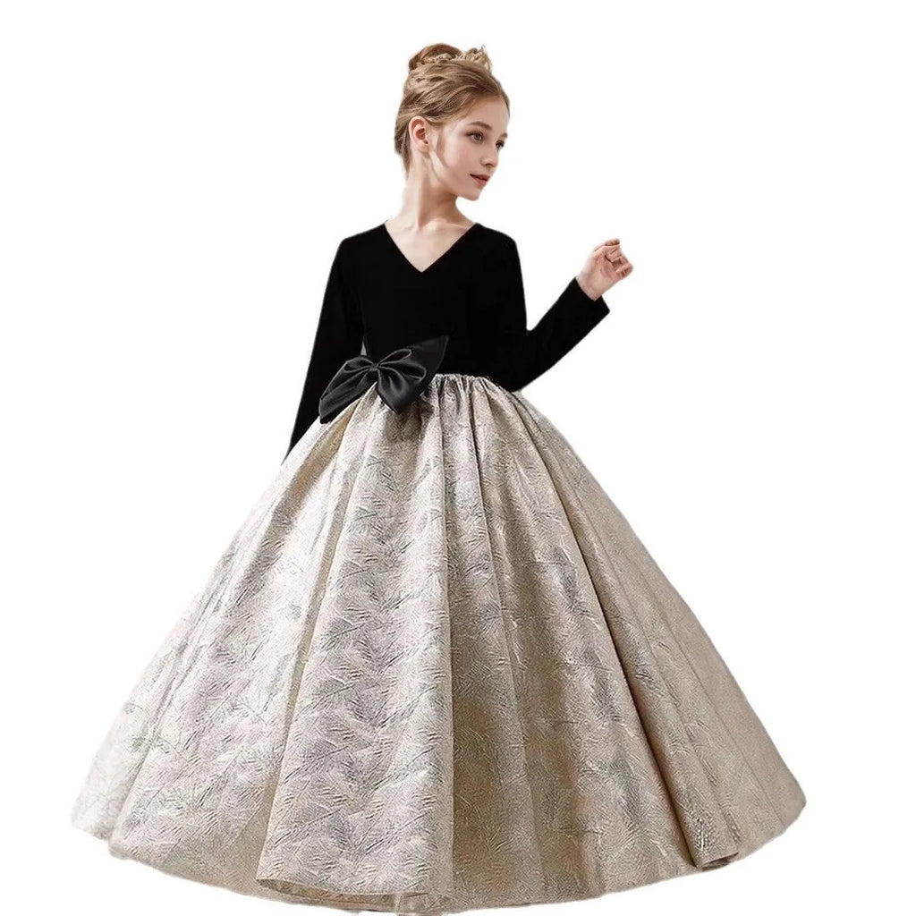 Girls Long Sleeve Black Party Dress New Kids Pageant Gown for Fashion Show Piano Performance Formal Wear Autumn Winter Children