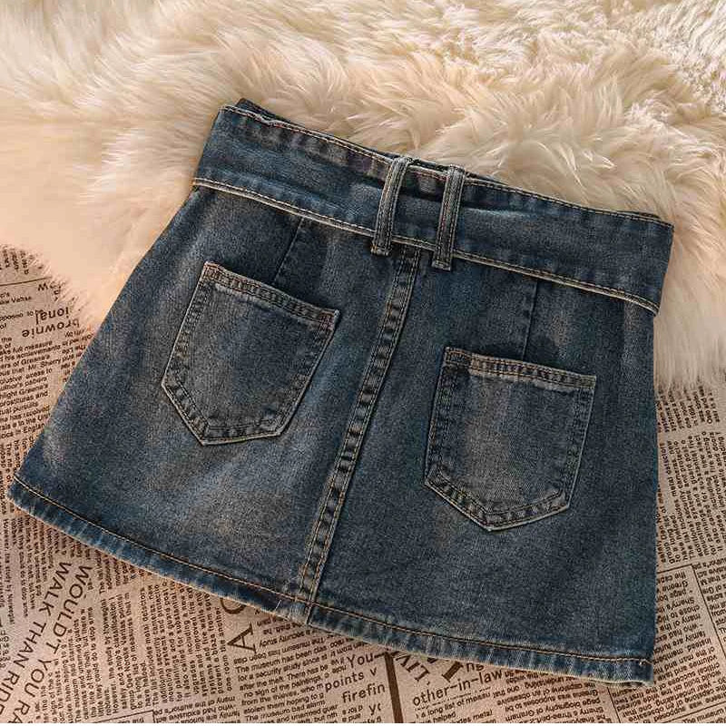 Skirts Female Casual Ball Gown Korean Slim A Line Skirts New Vintage Women Denim Mini Skirts Summer Solid Belt Sexy Jeans