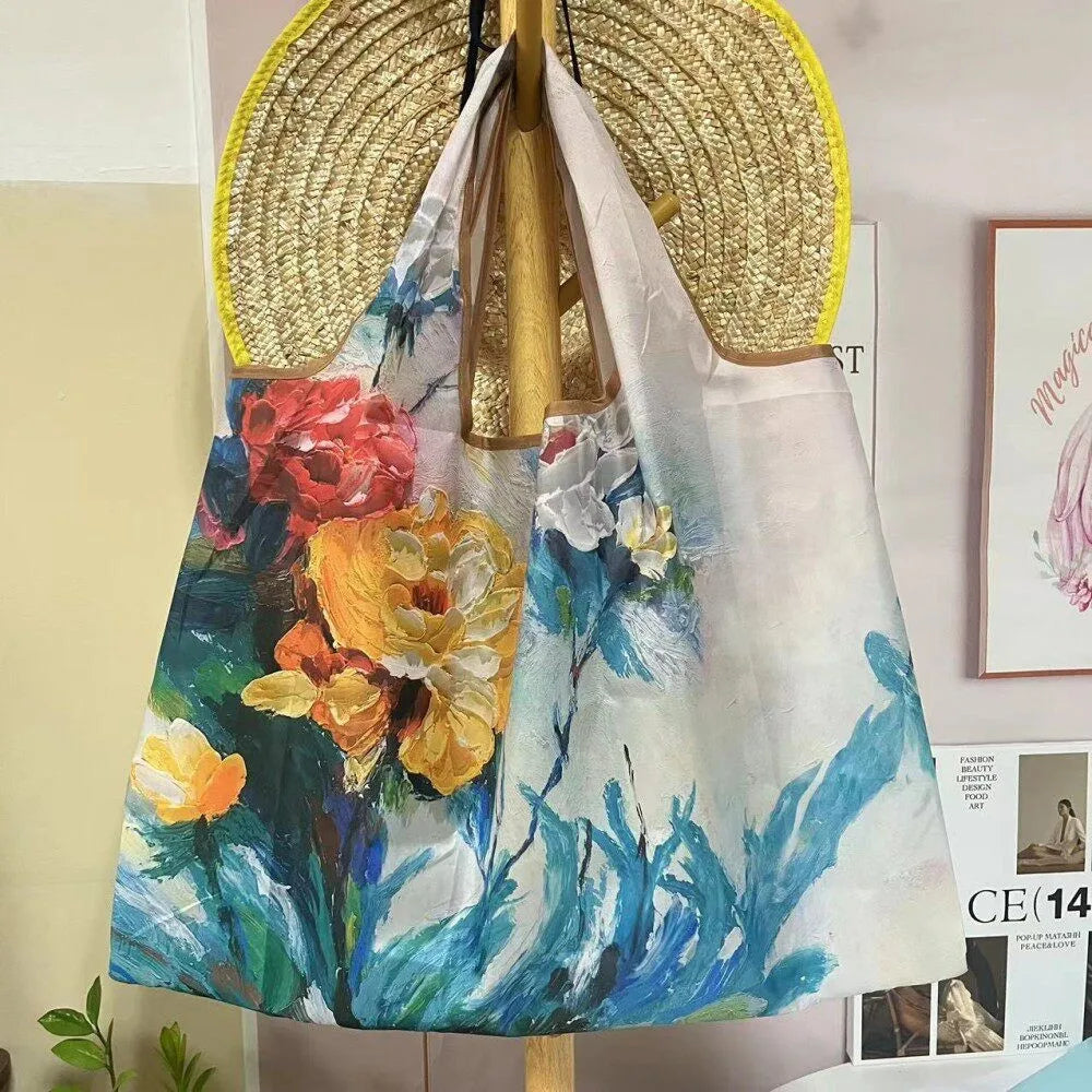 Large Reusable Grocery Shopping Bag Ladies Tote 50lb Fashion Pocket Shoulder Bag Foldable Eco Bag Washable