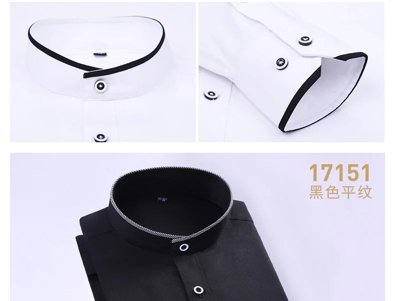 Men's stand up collar shirt classic round neck slim fit vertical collar long sleeved white shirt