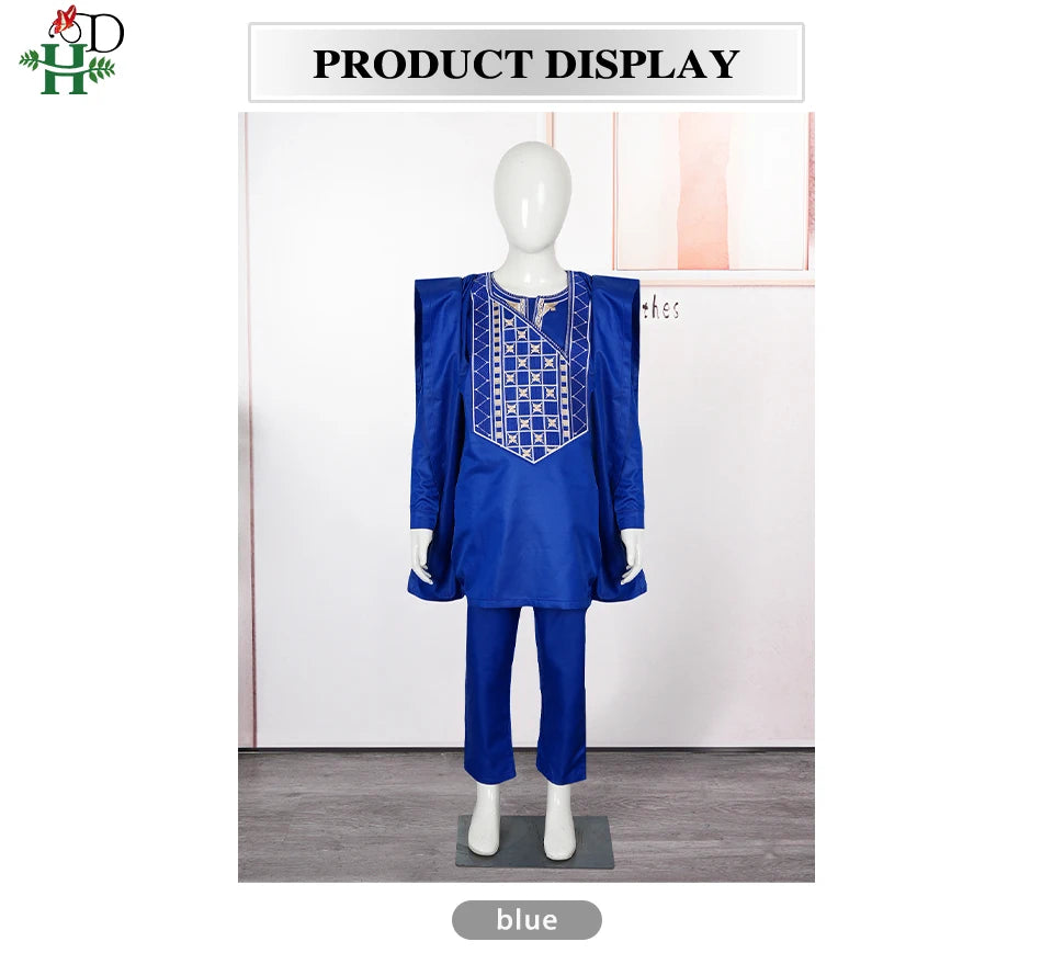 2025 New African Traditional Clothes For Kids Boy White Blue 3 PCS Set Long Sleeve Tops Embroidery Dashiki Robe Shirt Pant Child