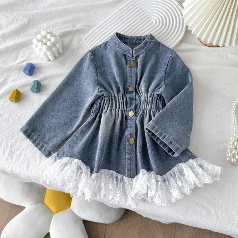 Girls' Denim Jacket 2025 Autumn Korean Version New Girls' Lace Patchwork Long Jacket