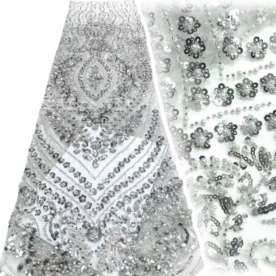 African Tulle Lace Fabric French Sequins Fabric Sewing Embroidery With Beads Lace Tulle Mesh Nigeria Dress 5 Yards sewing SZ1682